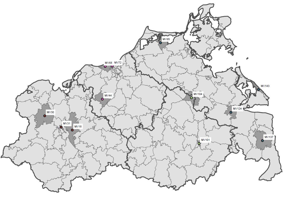 Einteilung vom Mecklenburg-Vorpommern in Erhebungsbezirke und Stichprobe auf der ersten Ziehungsstufe (© IÖR)
